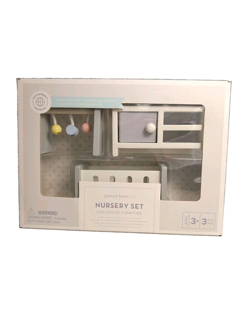Pottery Barn Kids Dollhouse Furniture Nursery Set BRAND NEW Wood 3 Piece Neutral